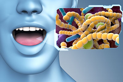 An illustration featuring a human mouth with an open mouth, displaying a close-up of microscopic bacteria or viruses, accompanied by a 3D model of a person s head.