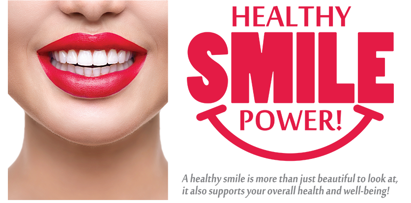The image shows a close-up of a person s face with red lipstick, and there is text overlaying the image that reads  HEALTHY SMILE POWER  in capital letters.