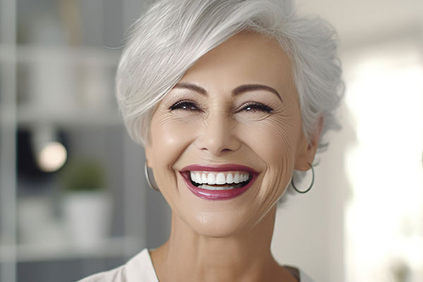 A smiling woman with short hair, wearing a white top, against a blurred kitchen background.